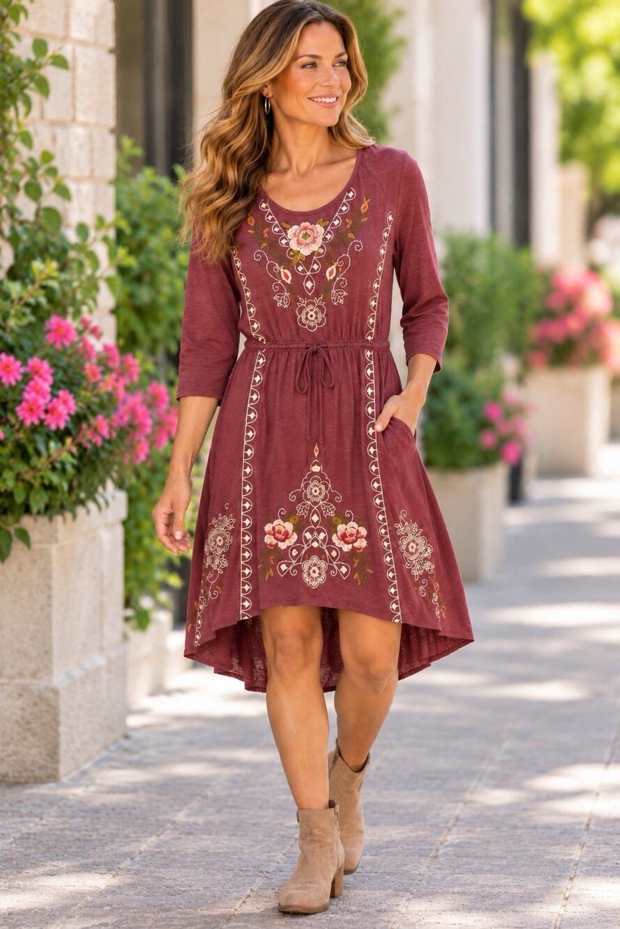 Johnny Was Jersey Knit Burgundy Floral Embroidered Mini Dress Sz S